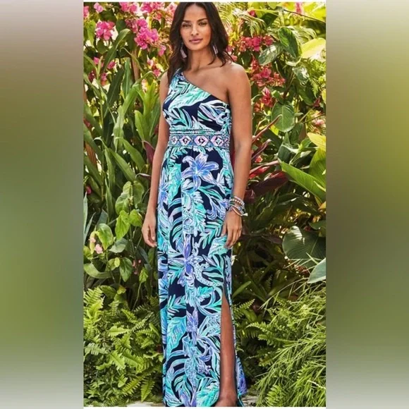 Lilly Pulitzer Malia Maxi Dress in High Tide Navy Ready Set Gecko Engineered M - Picture 1 of 5